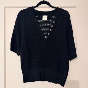 Varley Open Knit Short Sleeve Black Button-Detail Sweater